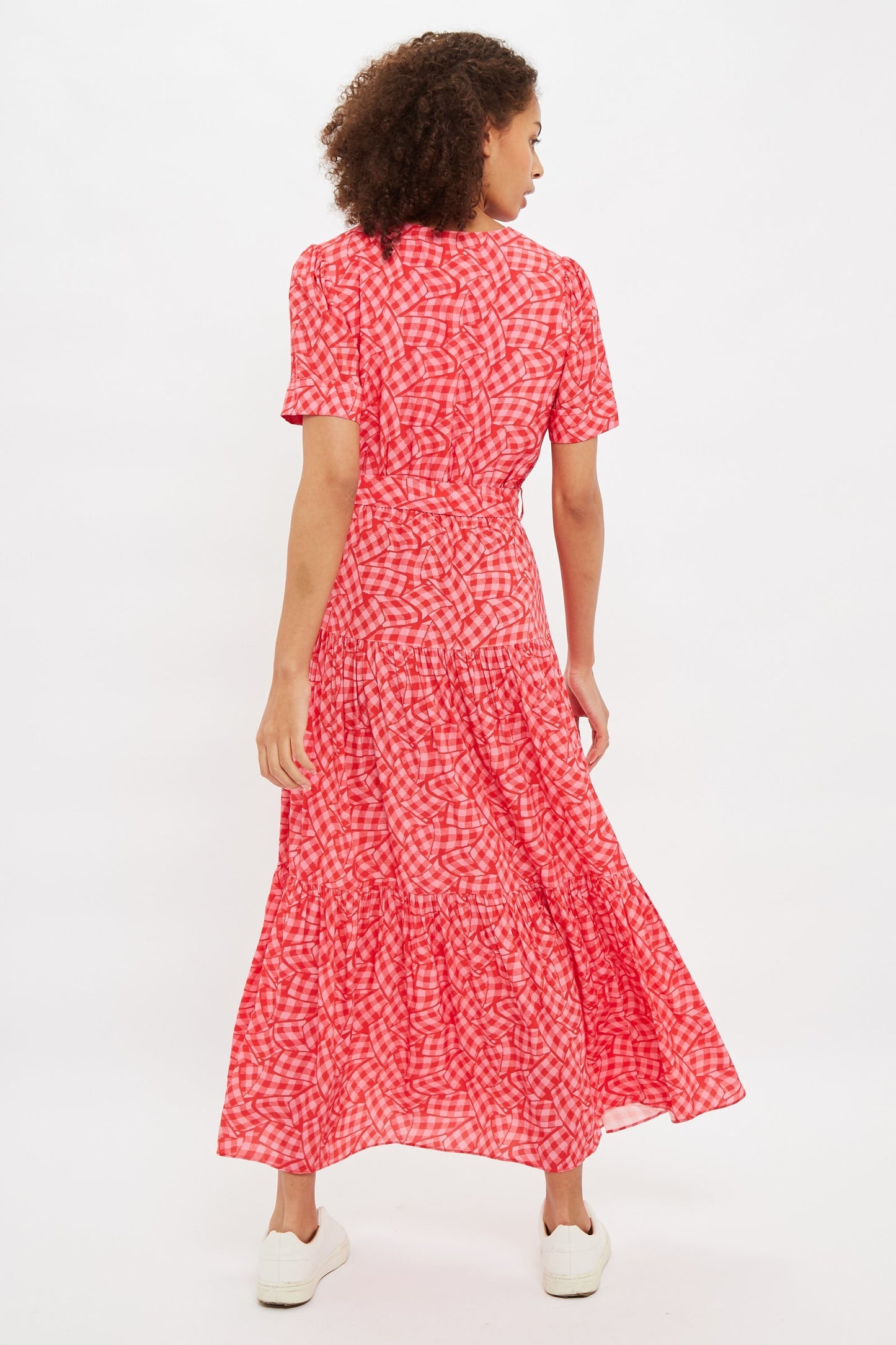 Louche Emin Gingham Twist Print Tiered Short Sleeve Midi Dress