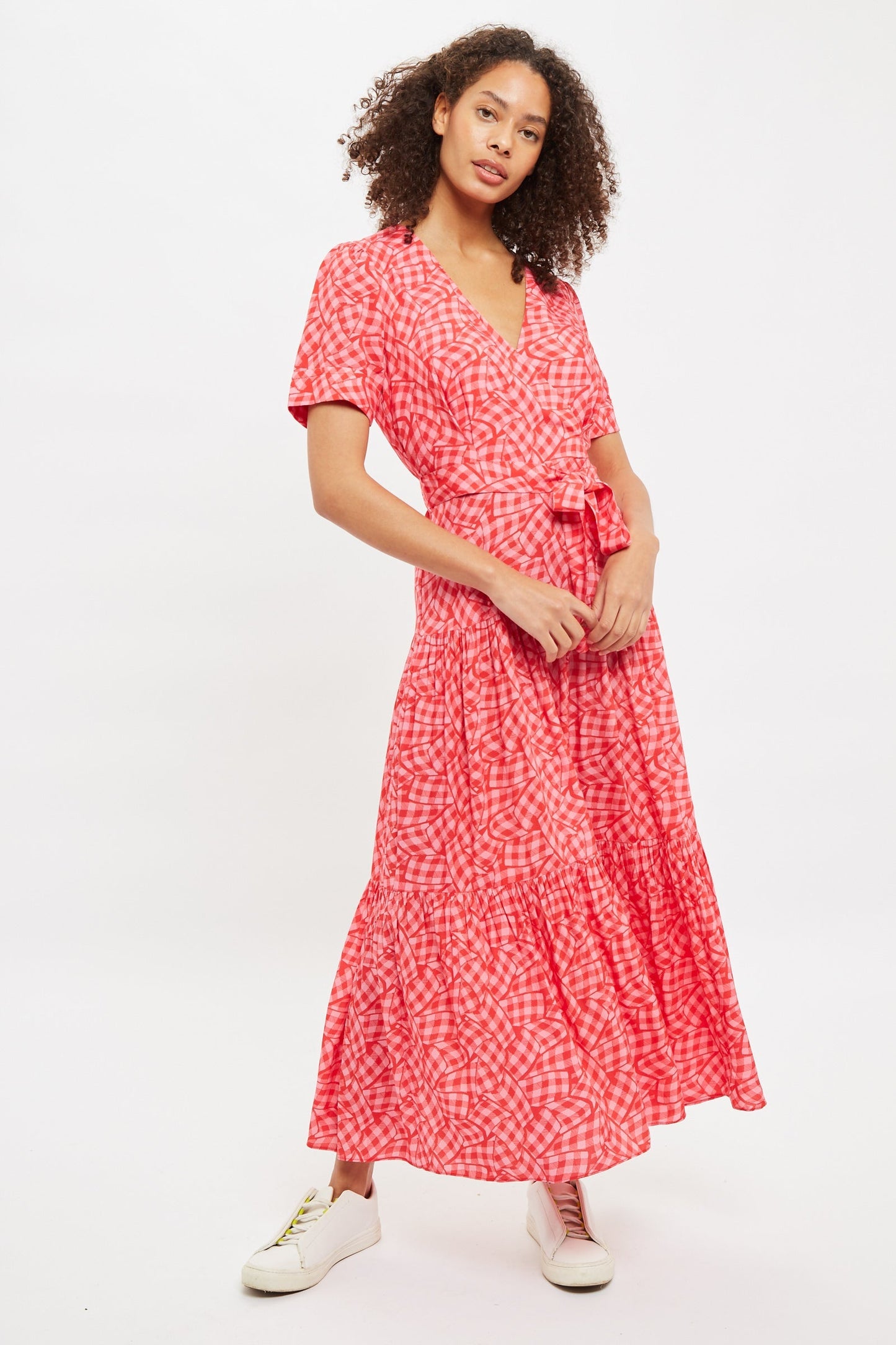 Louche Emin Gingham Twist Print Tiered Short Sleeve Midi Dress