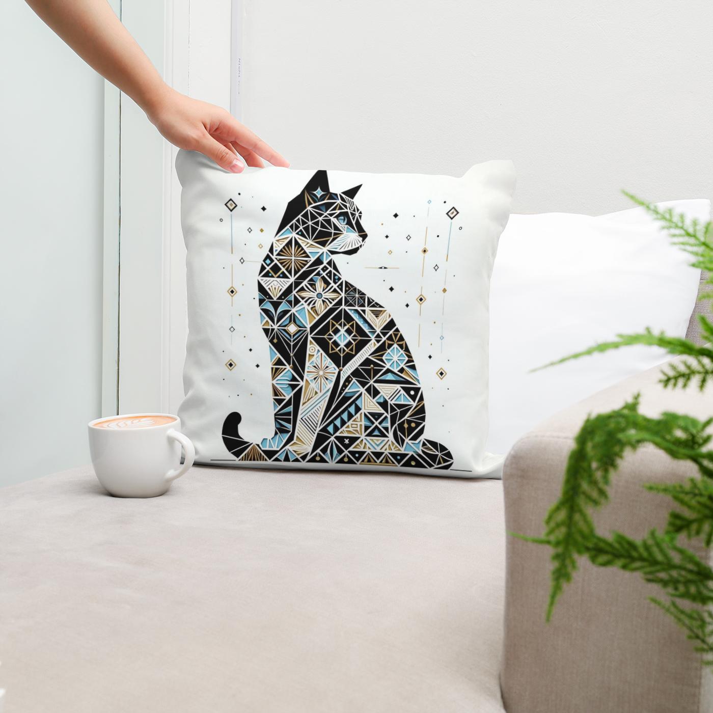 Mystic Azure Feline Mosaic Cotton Cushion