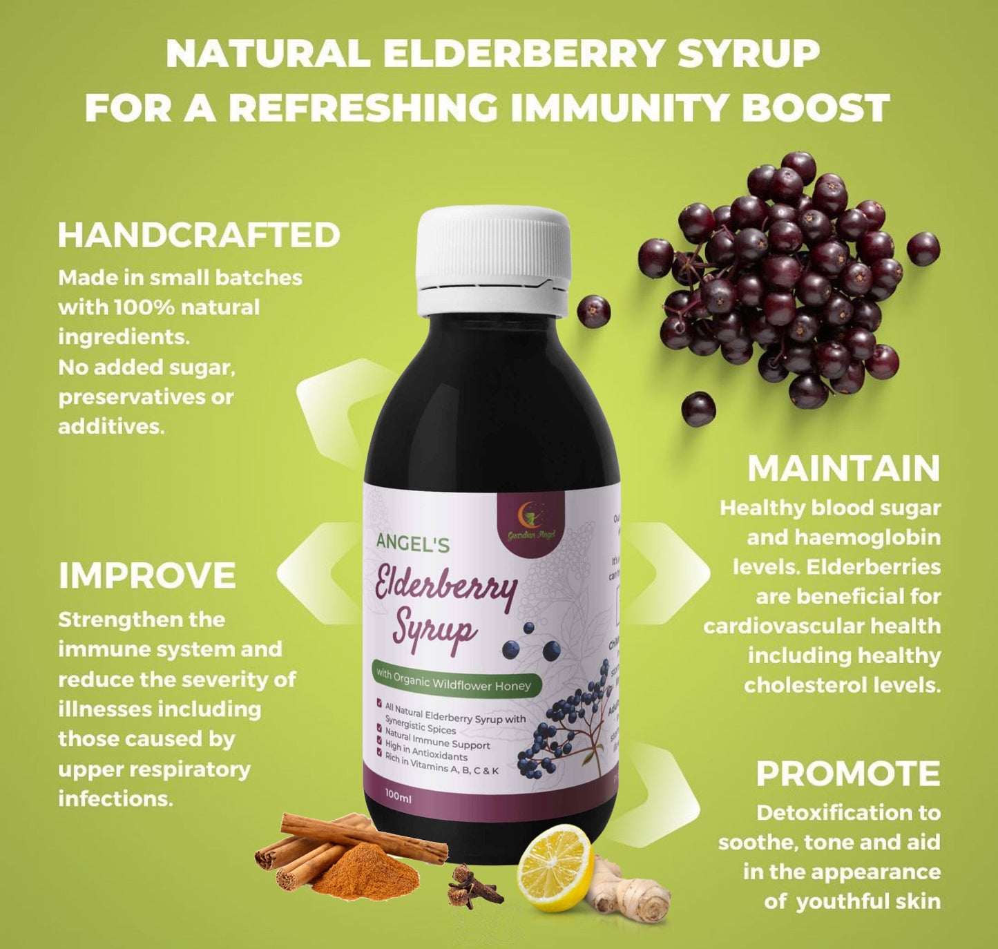 Angel's Elderberry Syrup with Organic Ingredients - Honey or Molasses(Vegan)