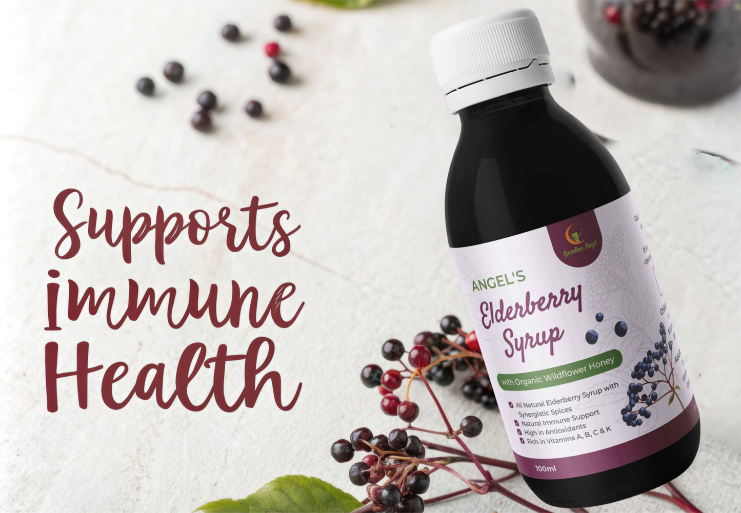 Angel's Elderberry Syrup with Organic Ingredients - Honey or Molasses(Vegan)