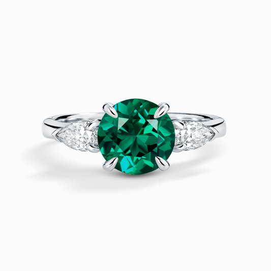 Emerald Round Cut Three Stone Engagement Ring in Sterling Silver