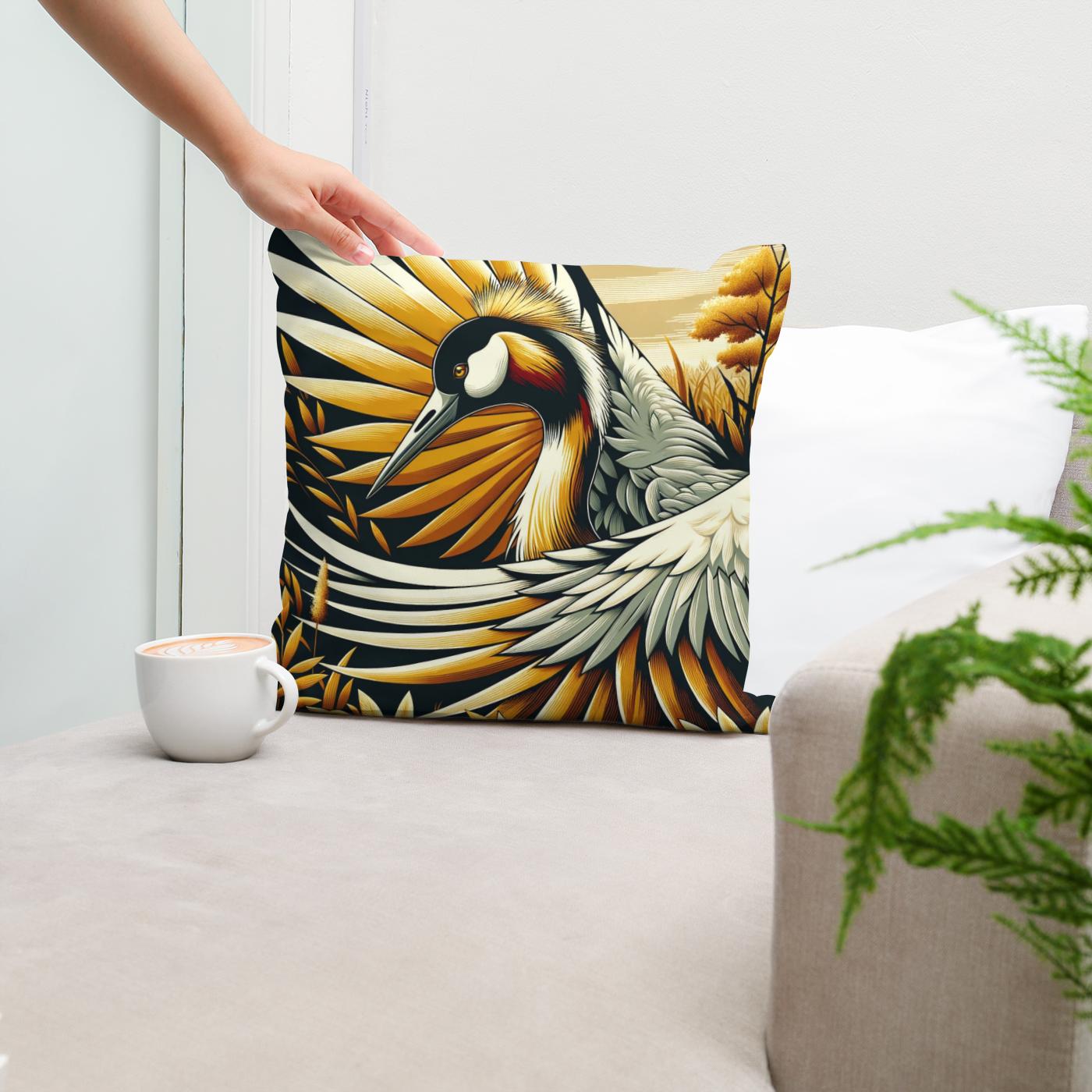 Golden Crane Elegance Cotton Cushion