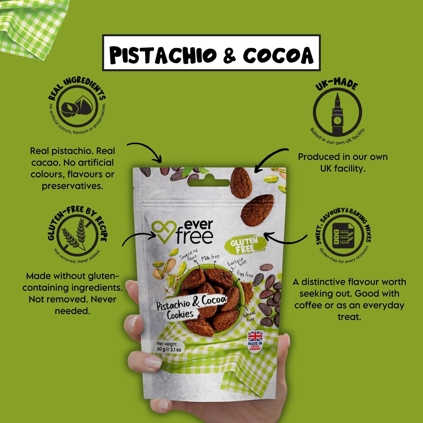 EverFree Pistachio and Cocoa Gluten-Free Cookies - 90g | Pack of 3