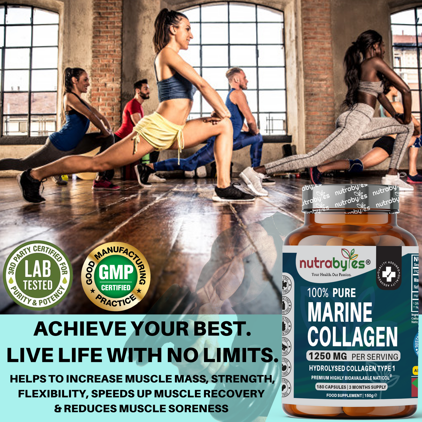 Pure Marine Collagen Supplement | 1250mg High Strength Collagen Capsules | Hydrolysed Marine Collagen Protein Peptides Type 1 | 180 Collagen Capsules | 3-month supply | Made in UK