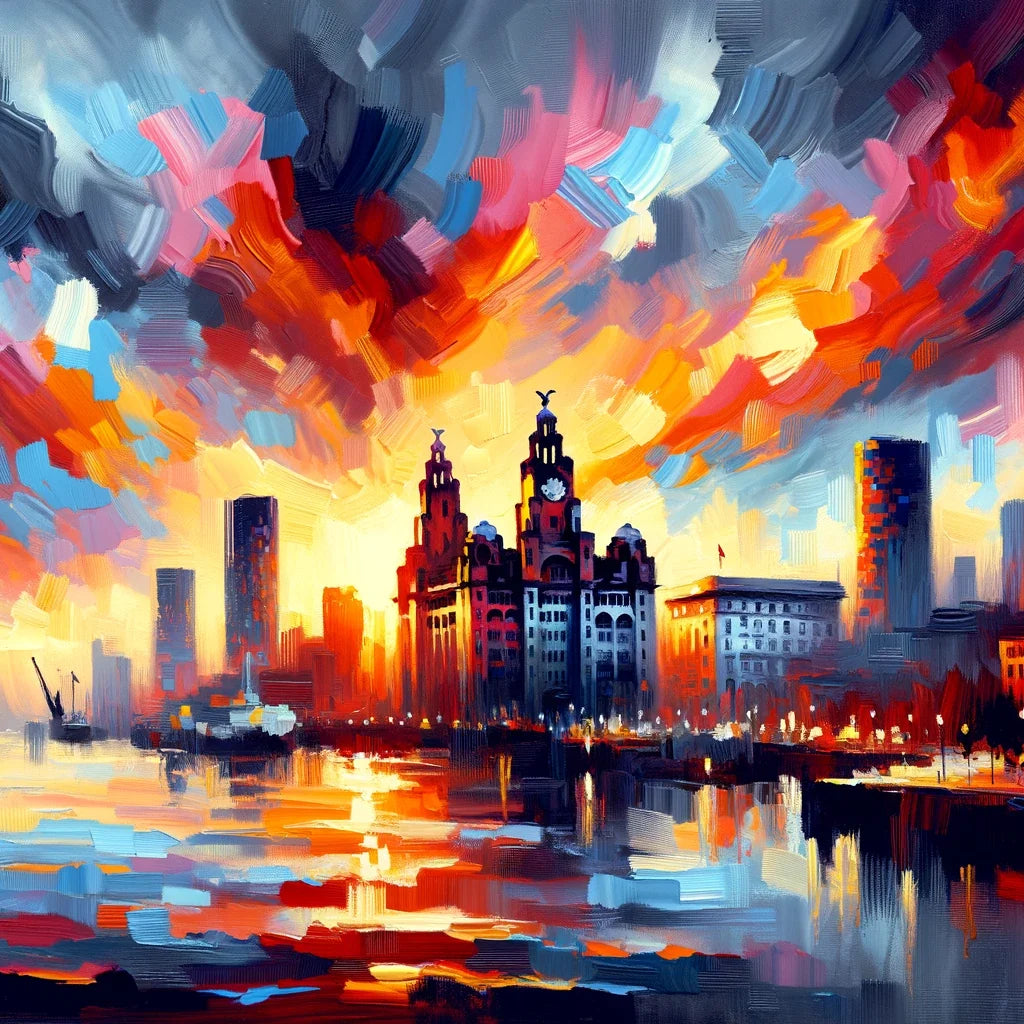 Expressionist Sunset Liverpool Skyline Cotton Cushion