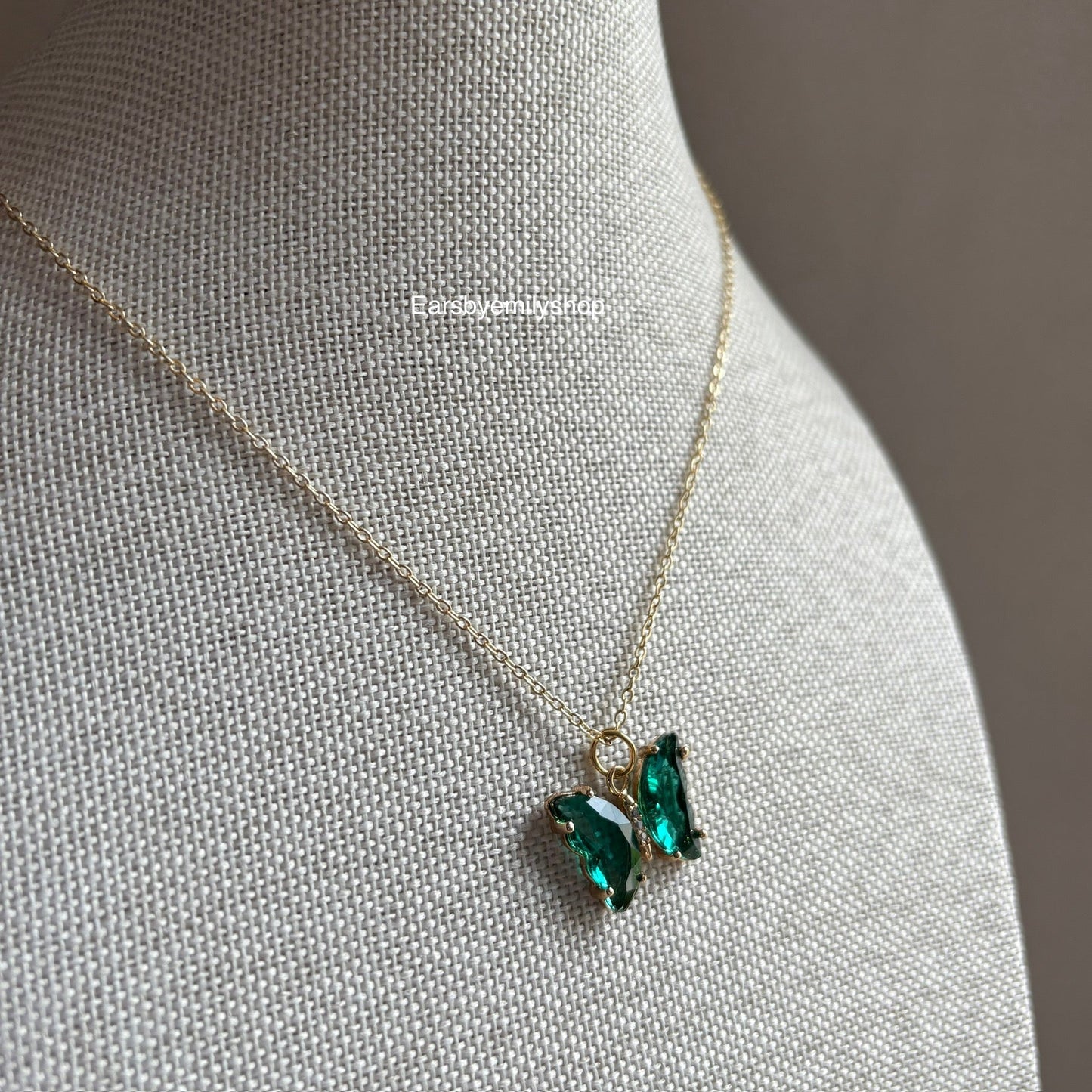 Cool green crystal glass butterfly gold necklace