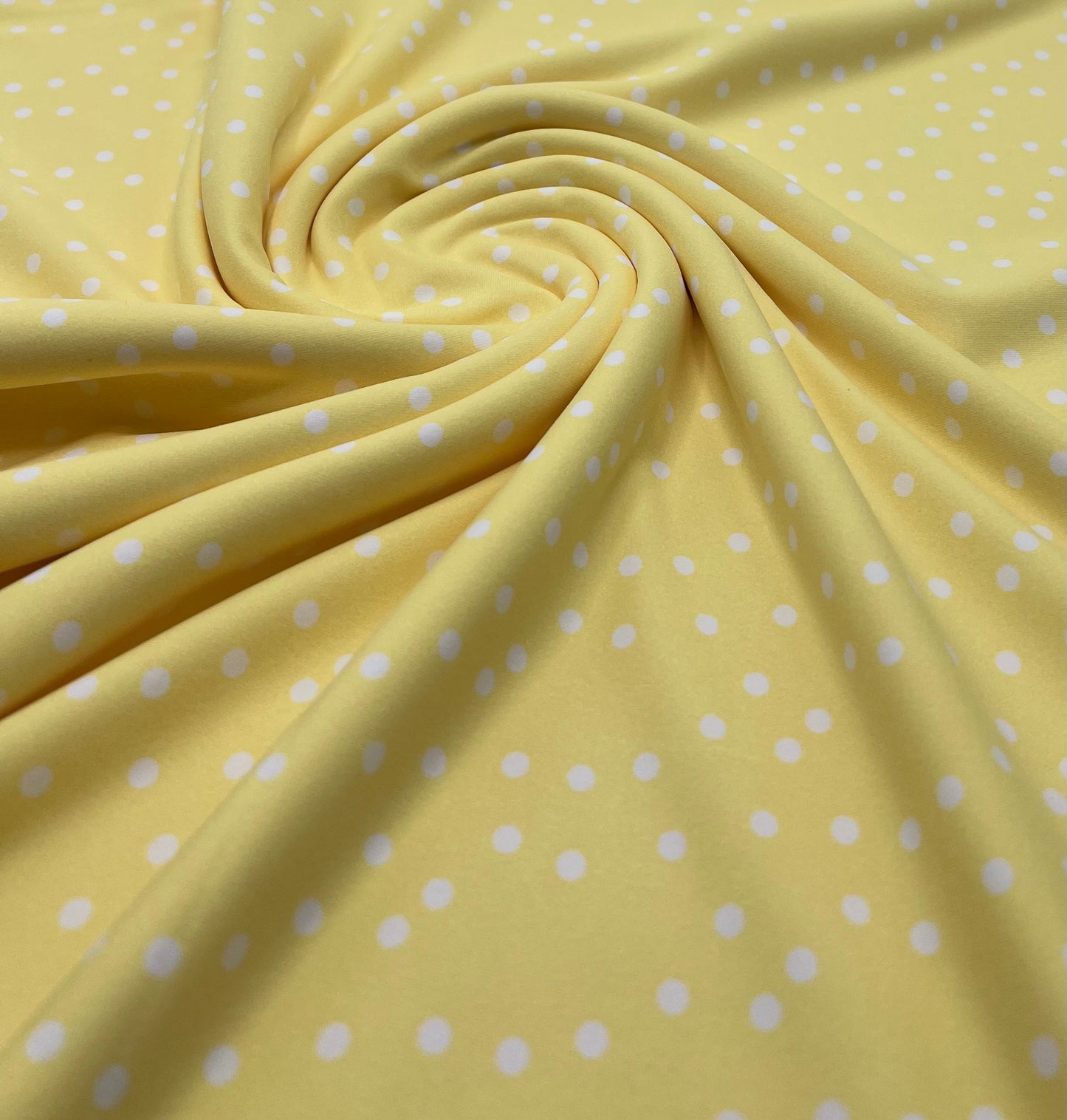 Lemon Yellow Polka Stretch Jersey 220GSM 4 Way Stretch Fabric