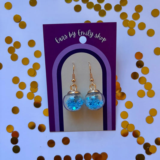 Light blue star sparkle bauble Christmas dangle earrings gold plated