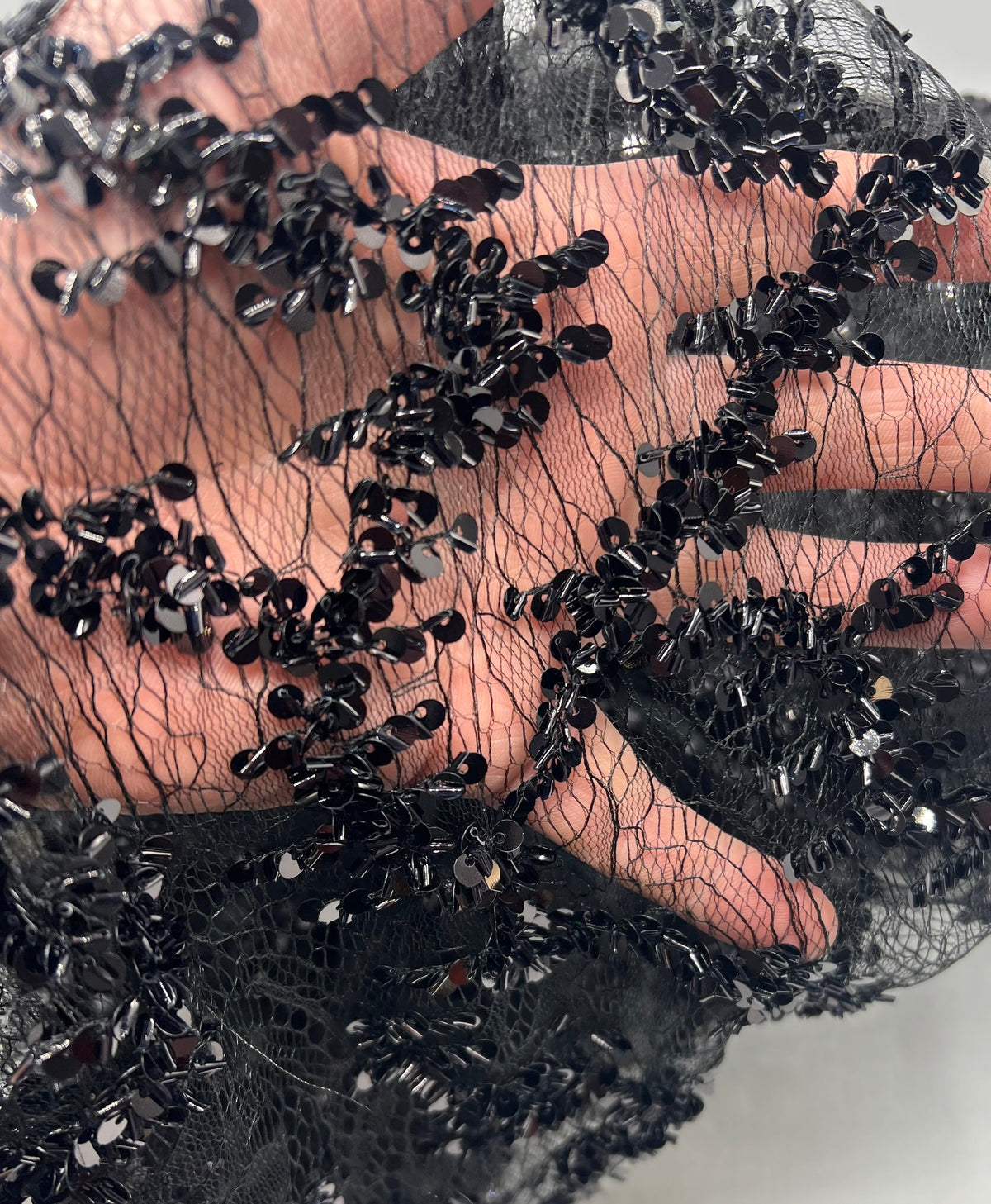 Black Sequin Detail Tulle Net Mesh Fabric Stretch