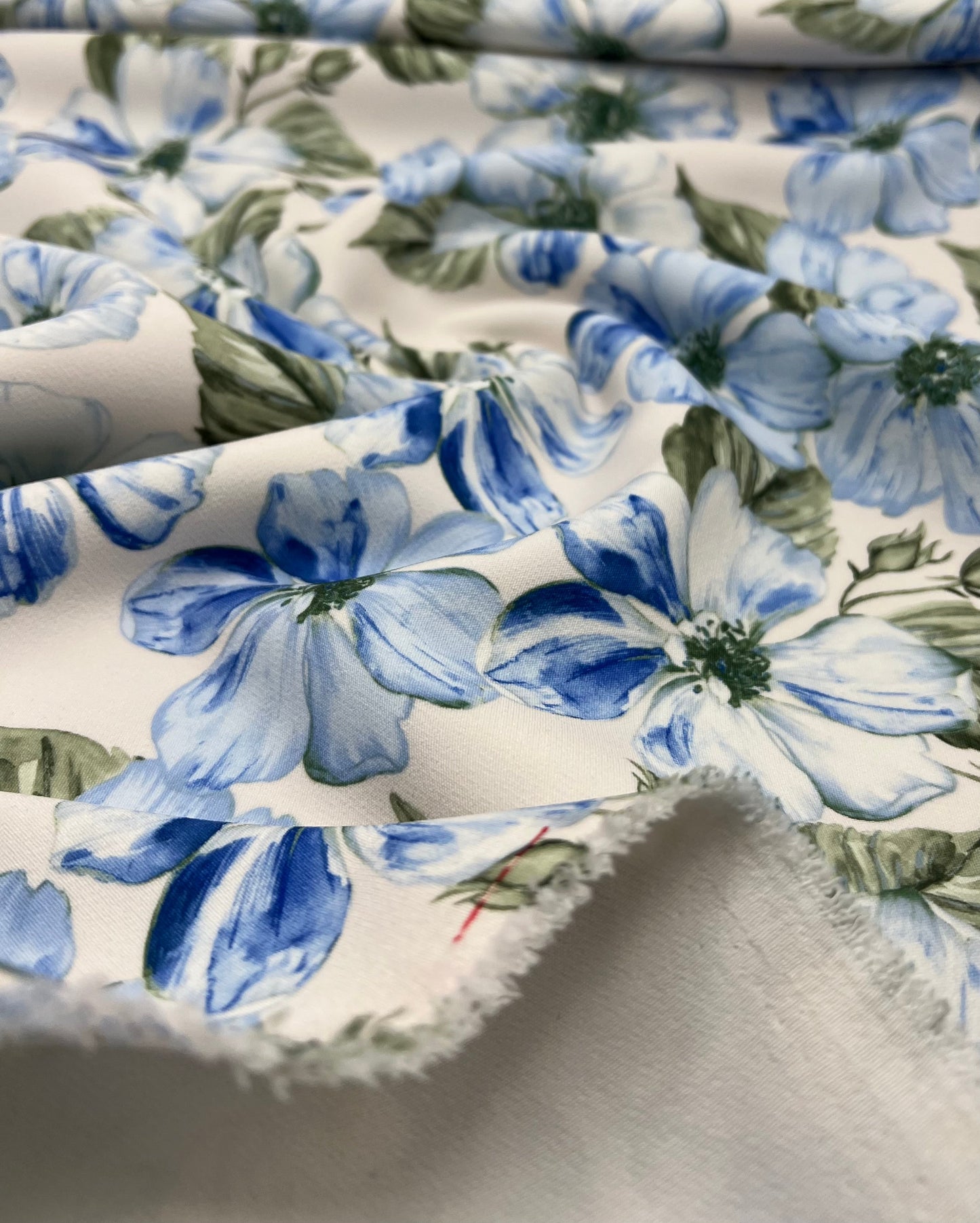 Ivory Blue Floral Compact Crepe Fabric 2 Way Stretch