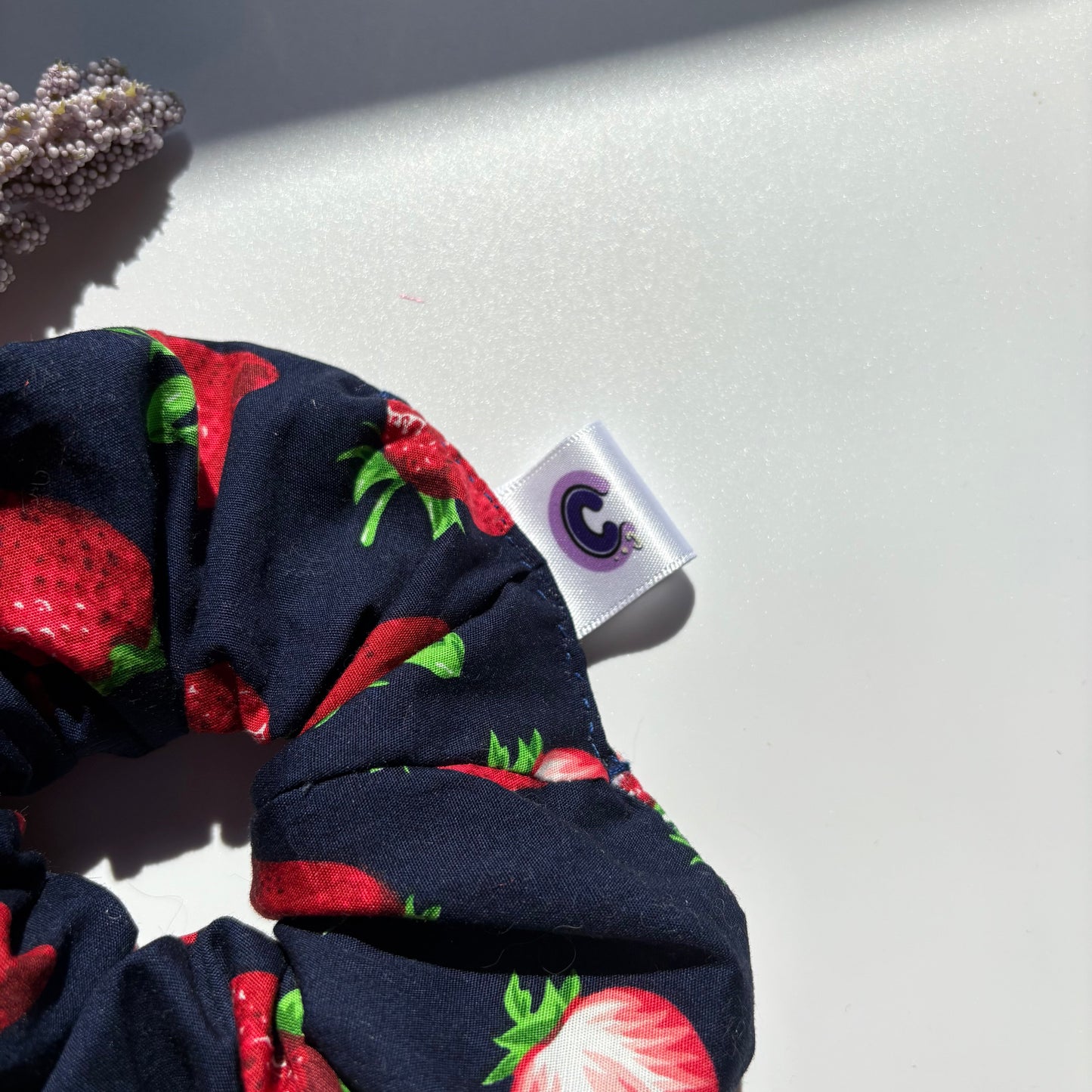 Cool navy blue and red strawberry large hair scrunchie