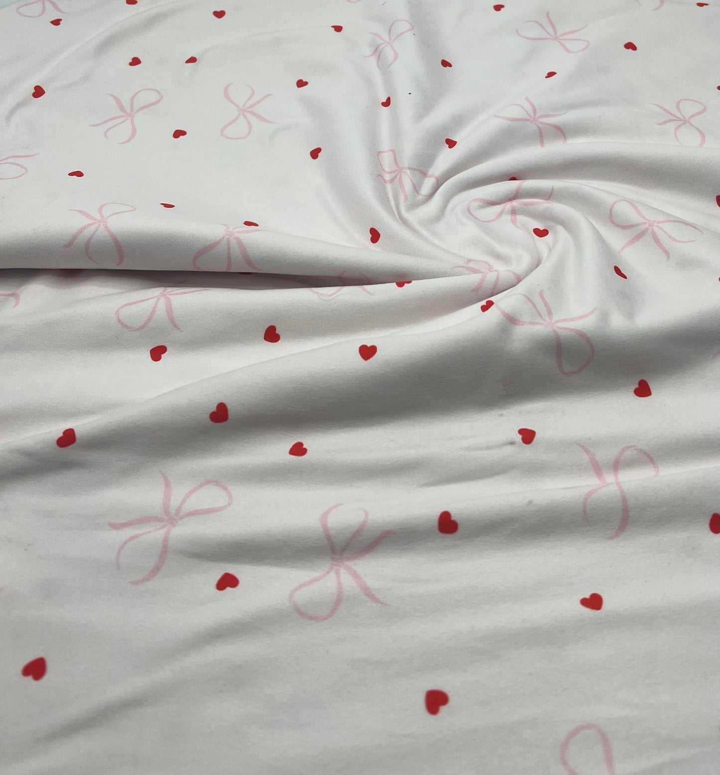 Soft Pink Heart Bow Super Soft Print Spun Poly Stretch Fabric