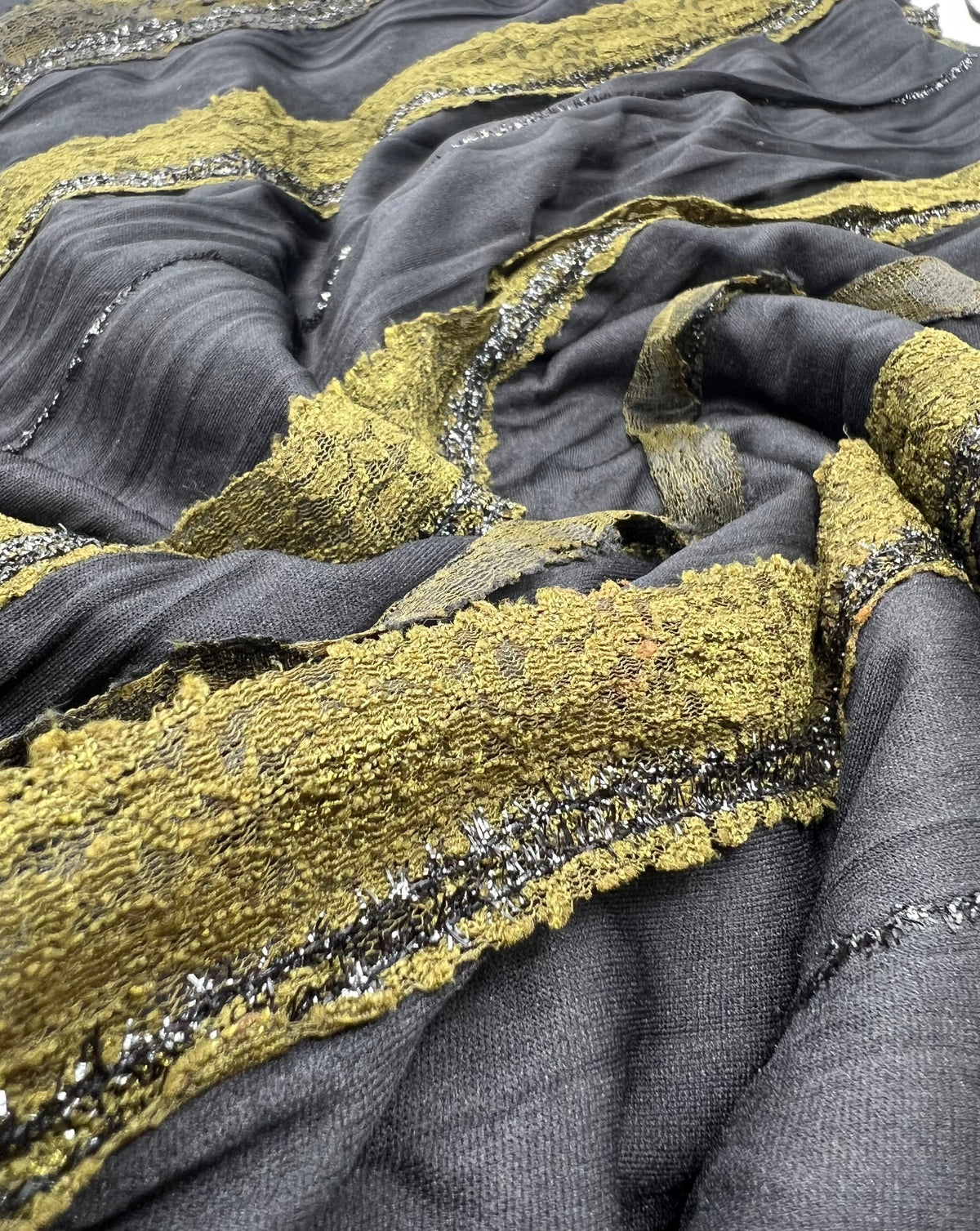 Black Green Ruffle Lace Detail Fabric Stretch