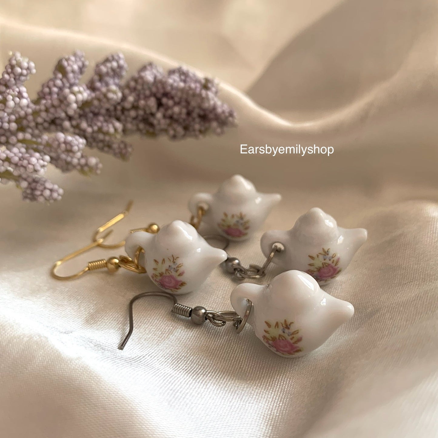 Cool white rose flower porcelain rustic tea pot gold or silver dangle earrings