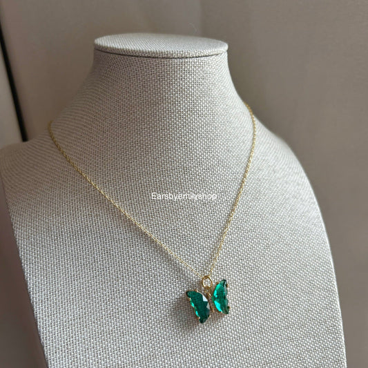 Cool green crystal glass butterfly gold necklace