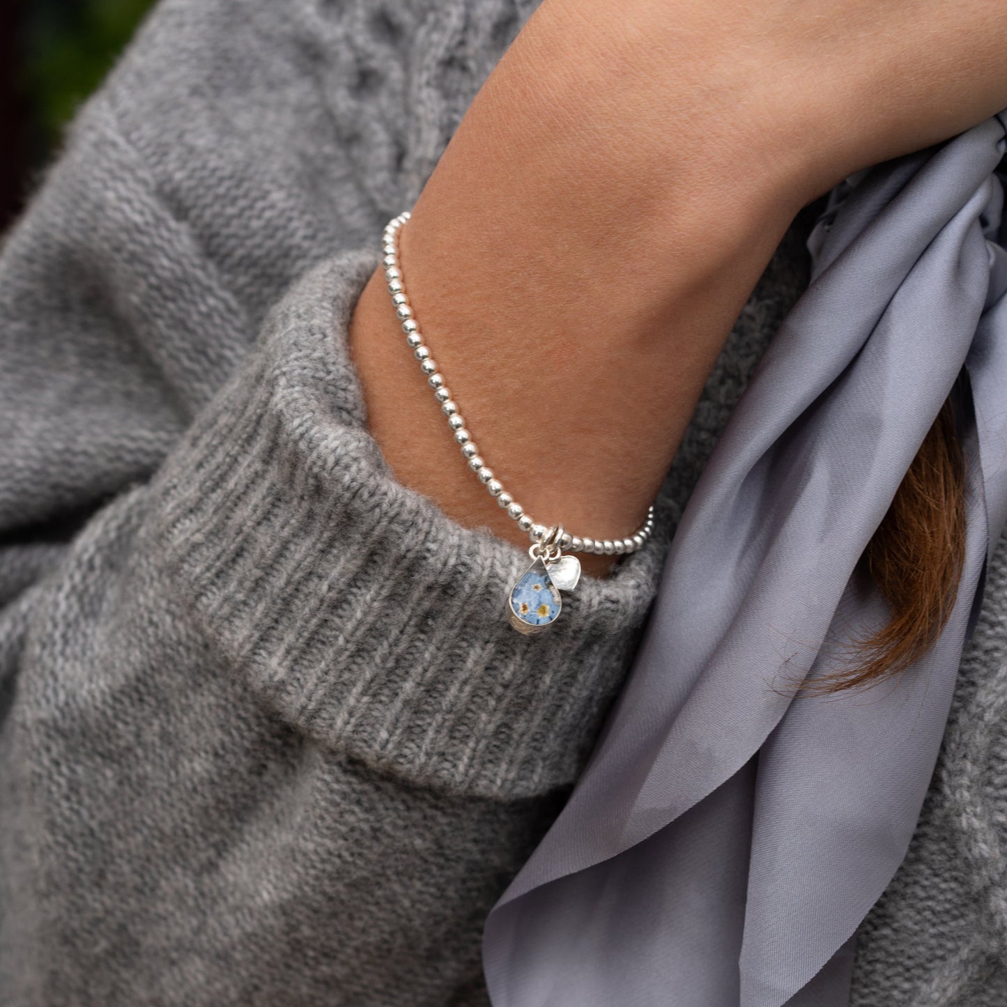 Silver Bead Elasticated Bracelet - Single strand - Real Forget me not hanging charm