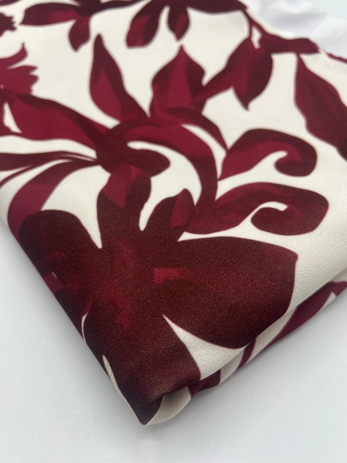 Burgundy Floral Printed Scuba Crepe Jersey Fabric 4 Way Stretch