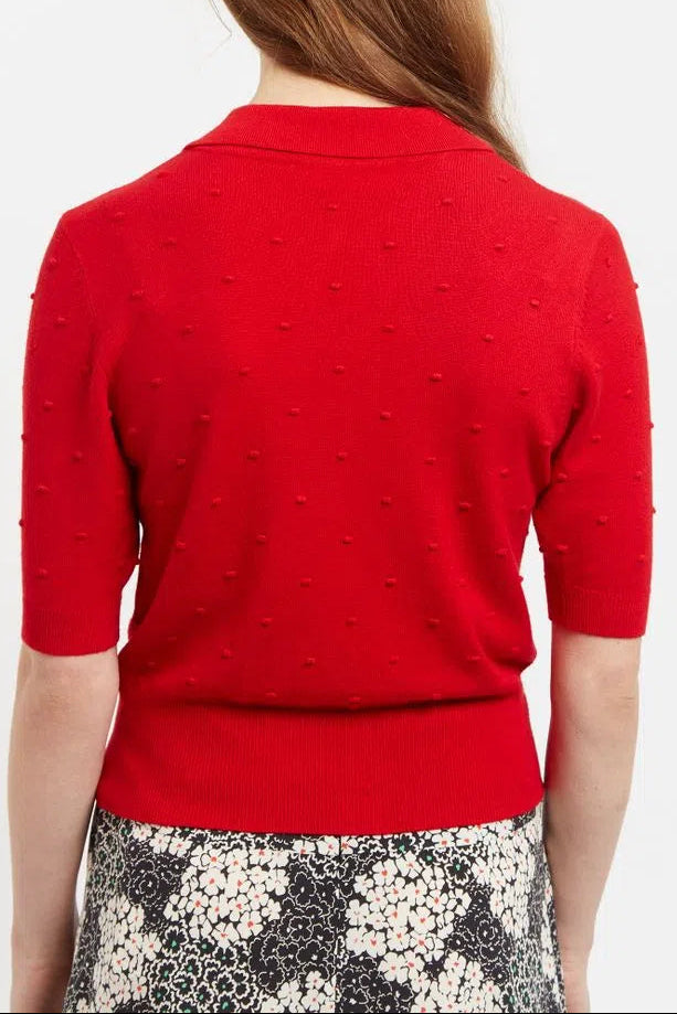 Louche Josephina Raindrops Textured Short Sleeve Collared Sweater Red
