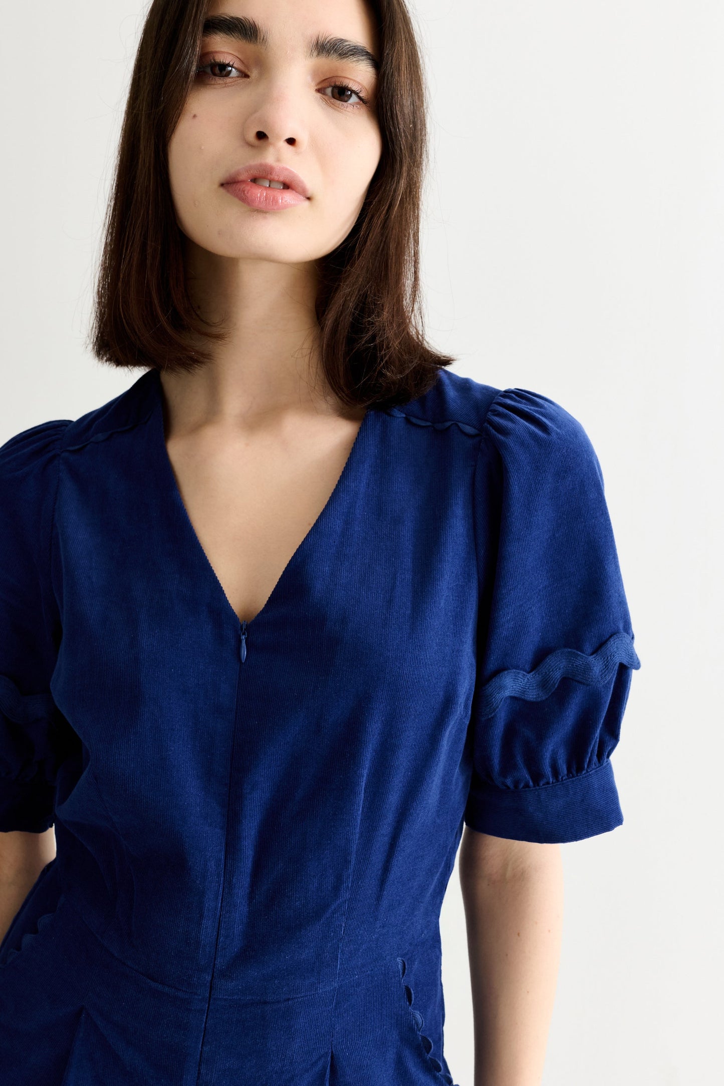 Finlay Babycord V Neck Ric Rac Trim Jumpsuit - Navy