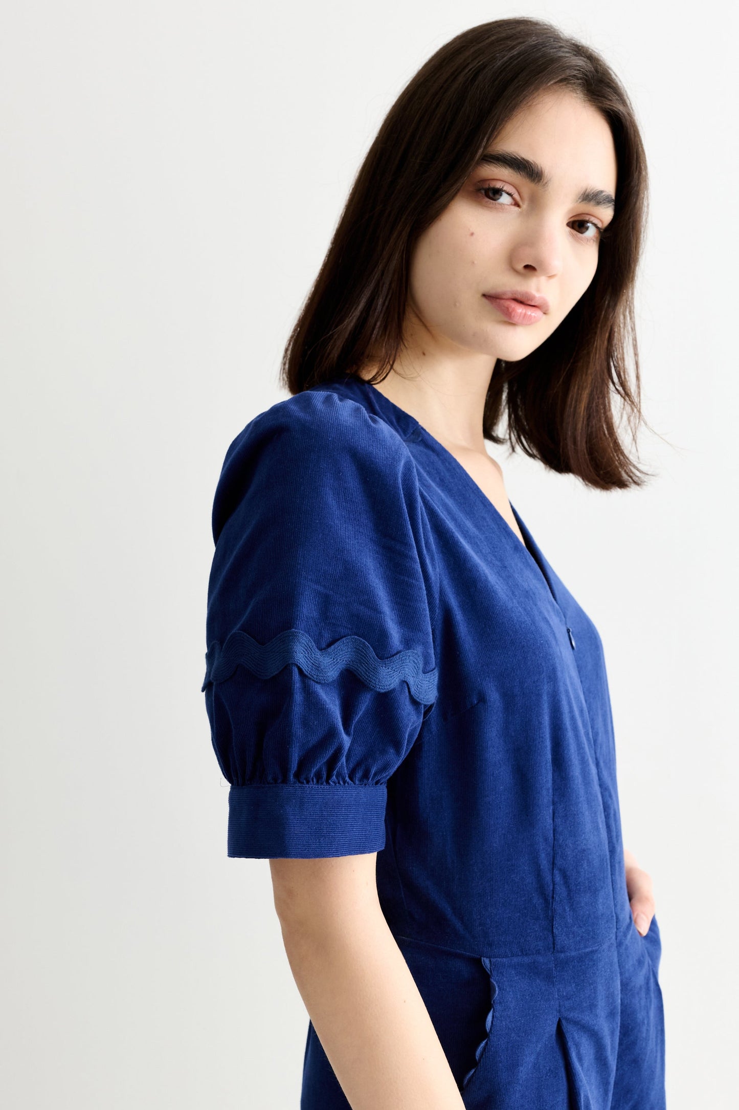 Finlay Babycord V Neck Ric Rac Trim Jumpsuit - Navy