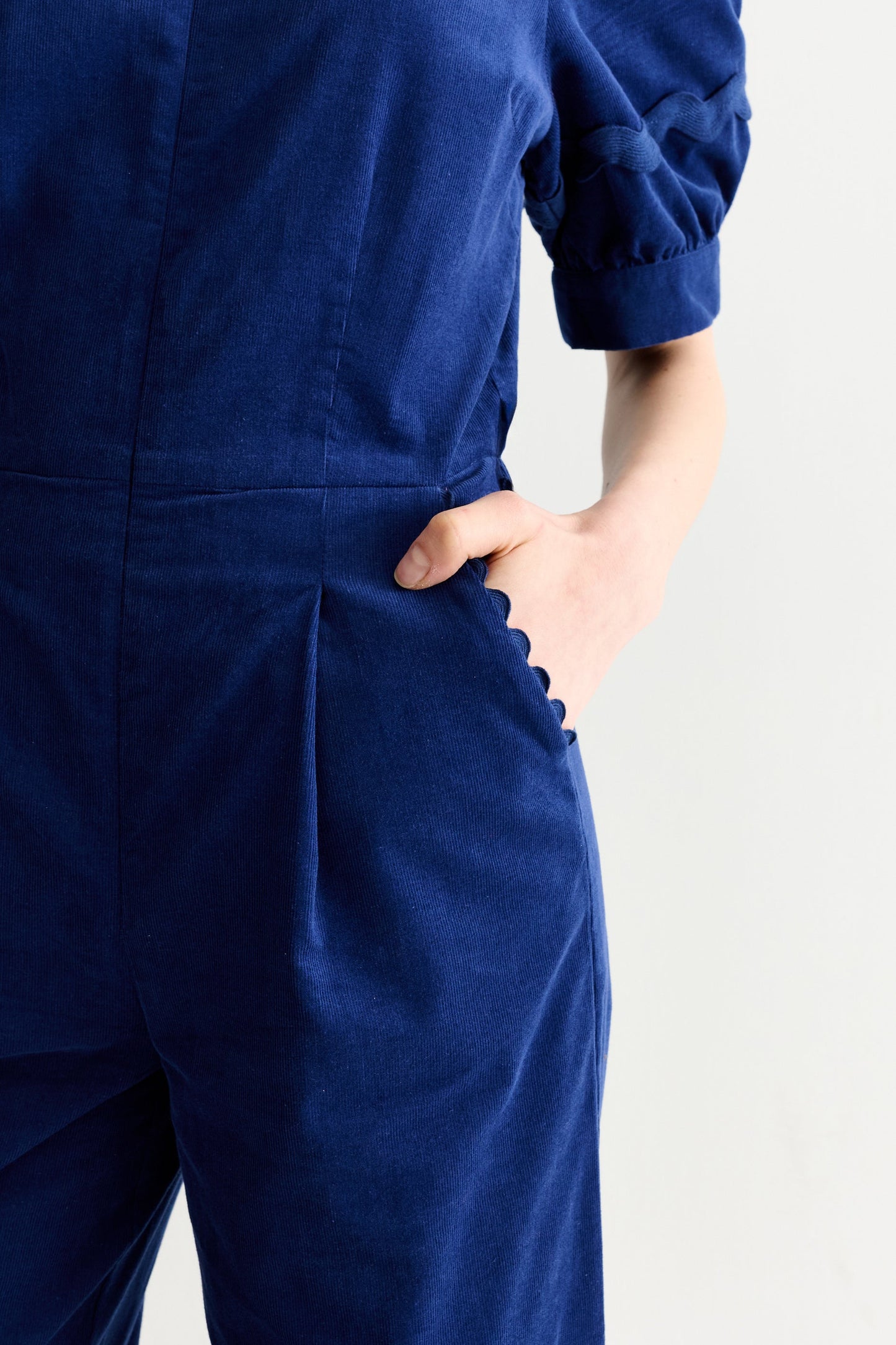 Finlay Babycord V Neck Ric Rac Trim Jumpsuit - Navy