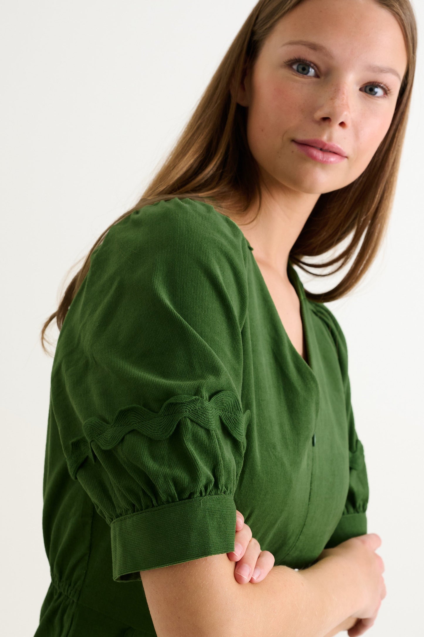 Finlay Babycord V Neck Ric Rac Trim Jumpsuit - Olive Green