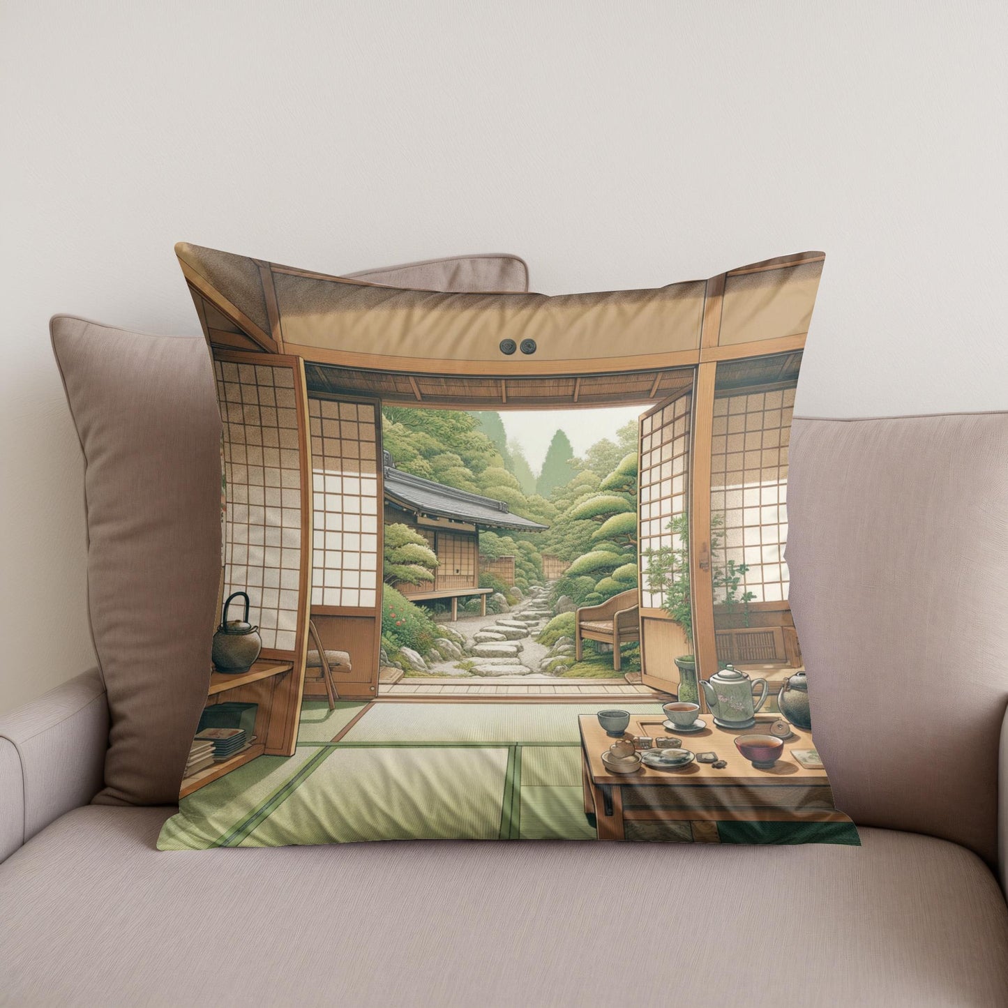Serene Tea House Cotton Cushion