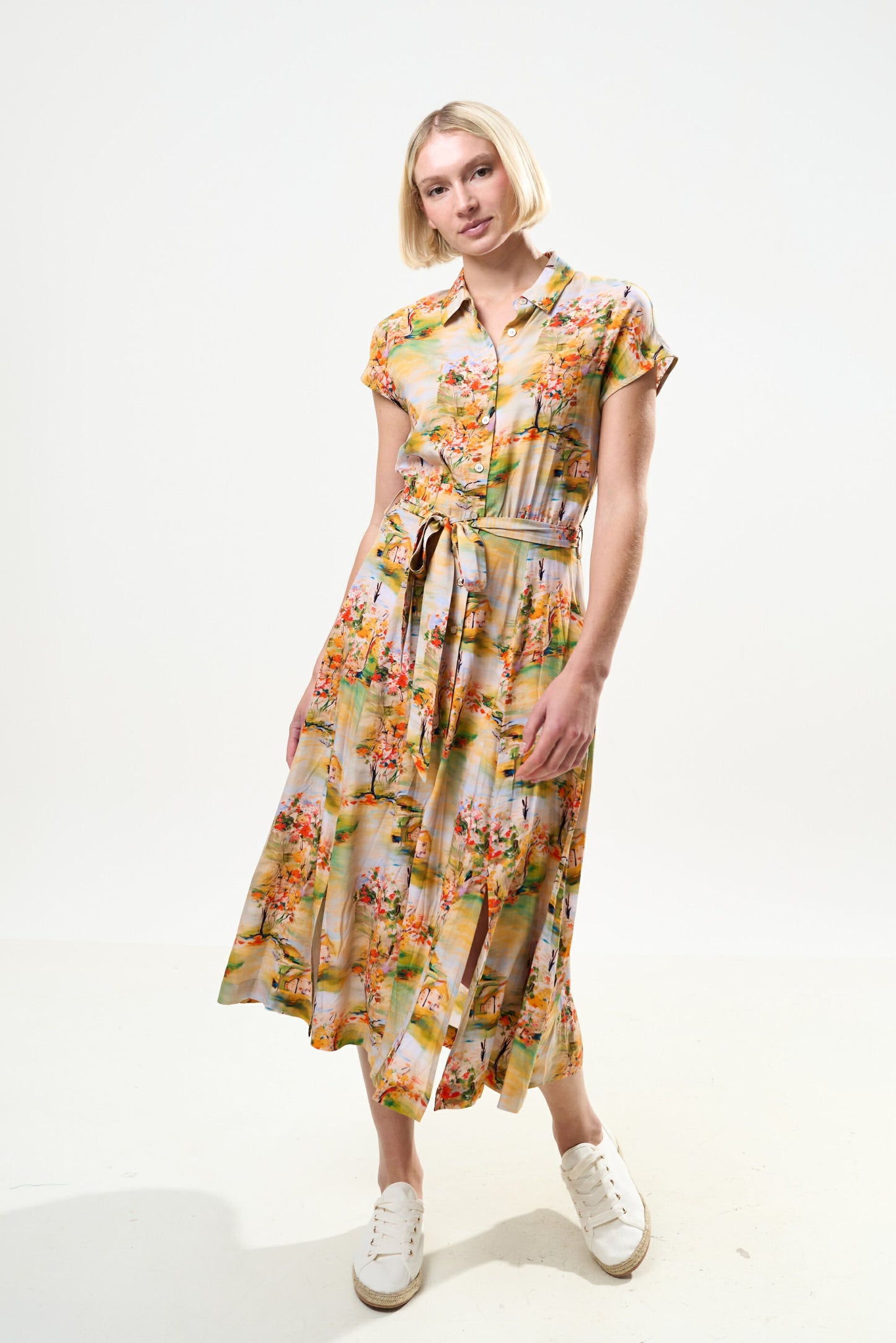 Fleur Oriental Landscape Print Midi Shirtdress - Yellow