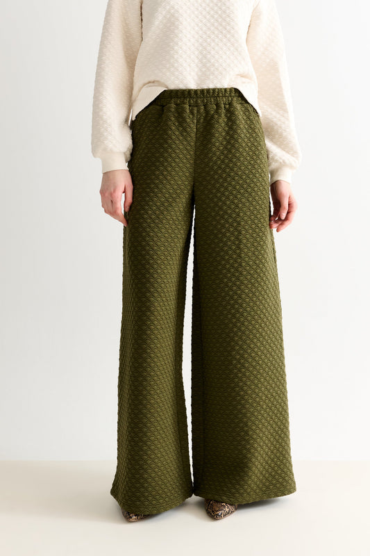 Flory Scallop Quilt Wide Leg Trouser - Moss Green