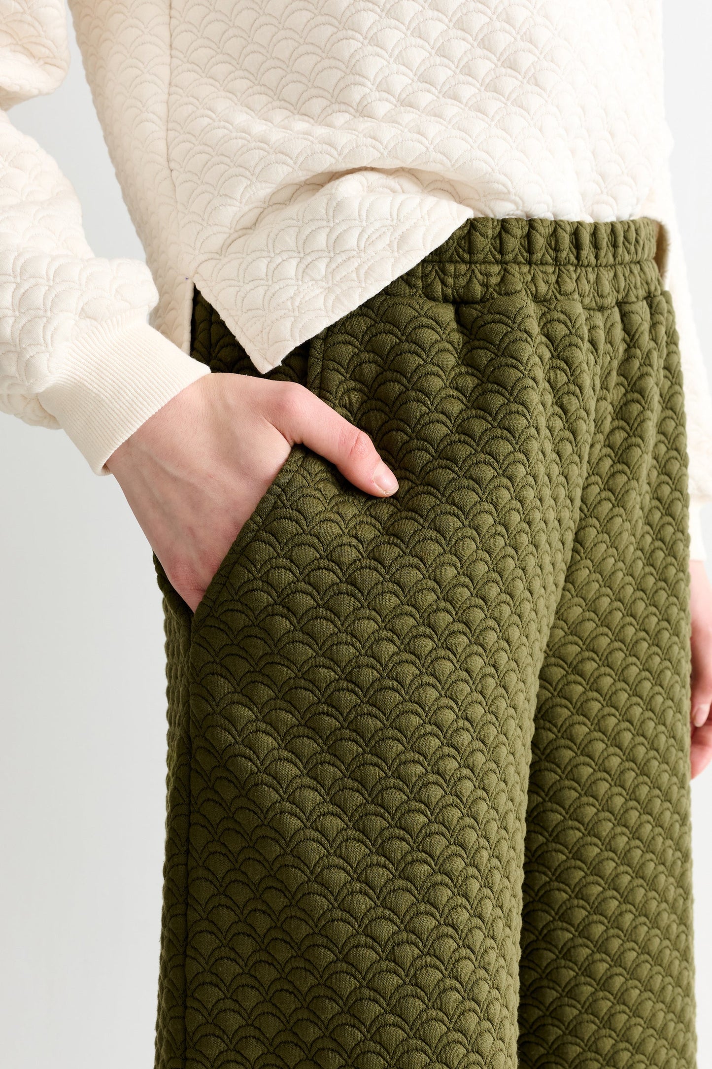 Flory Scallop Quilt Wide Leg Trouser - Moss Green