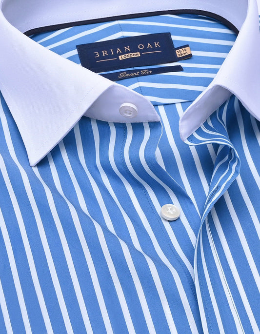 Blue Striped Shirt with Contrast Collar and Cuffs