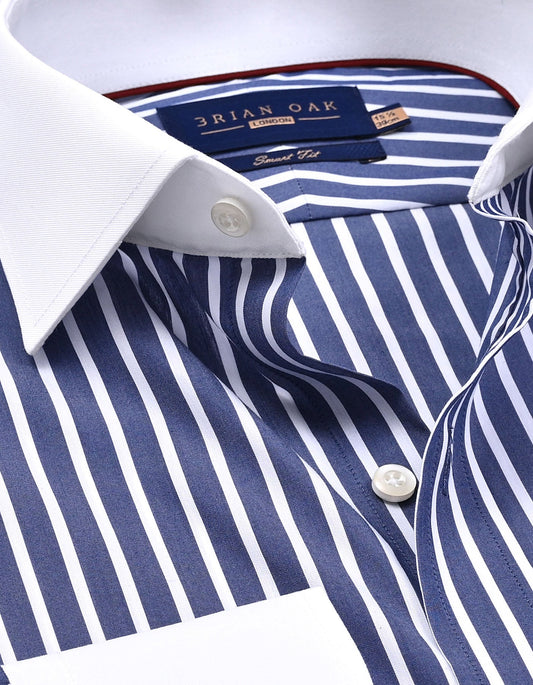 Navy Striped Cotton Shirt with Contrast Collar