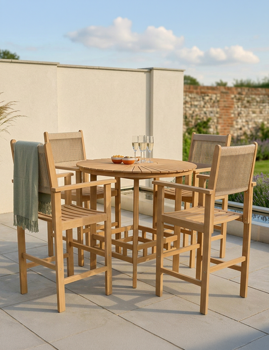 Roma 100cm Round Sunray High Bar Table with 4 Roma Rope Bar Stools
