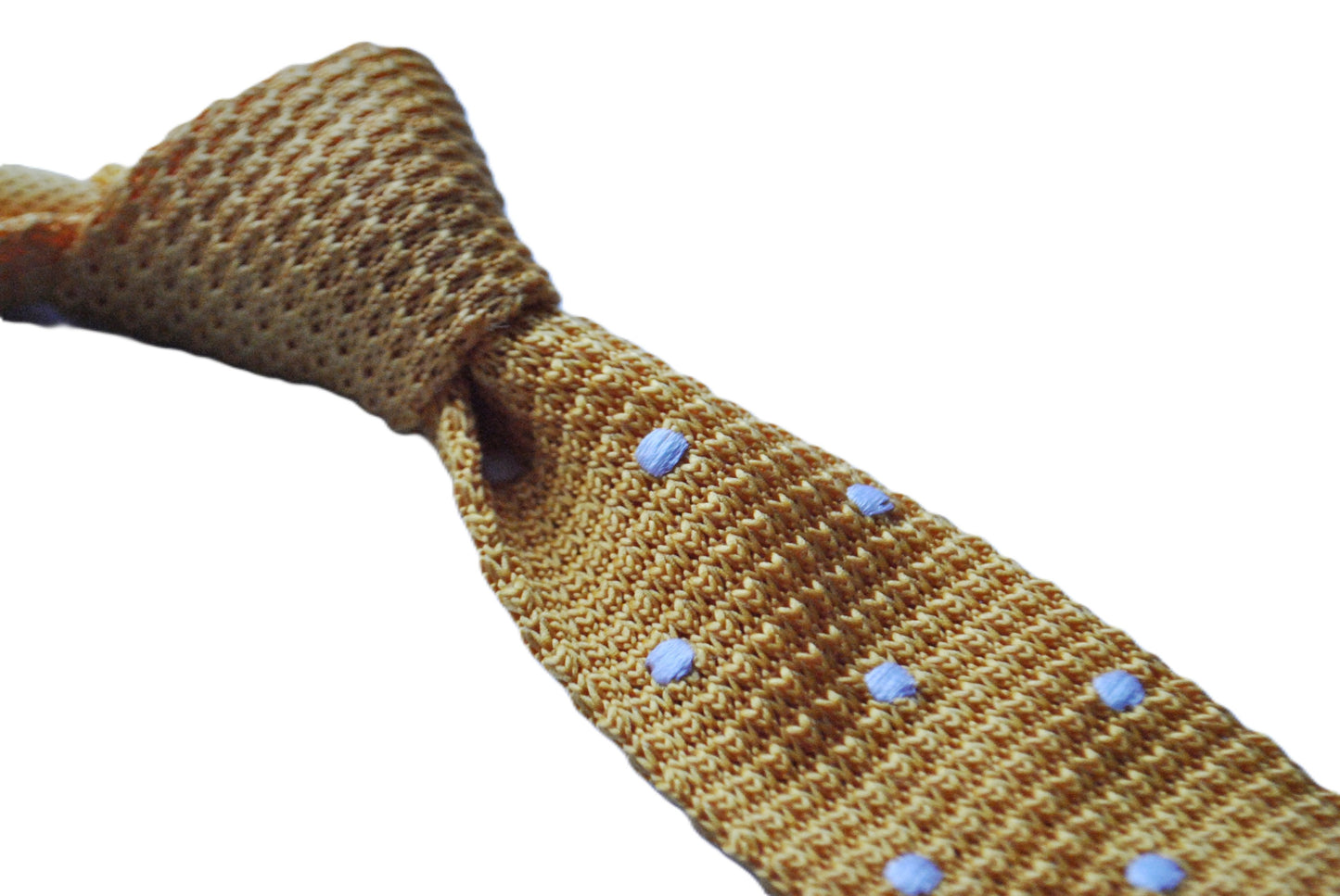 knitted yellow gold tie with white polka dots design