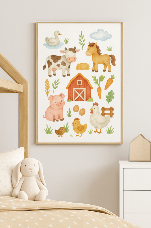 Farm Animals Wall Art – Watercolour Nursery Print for Baby & Toddler Rooms