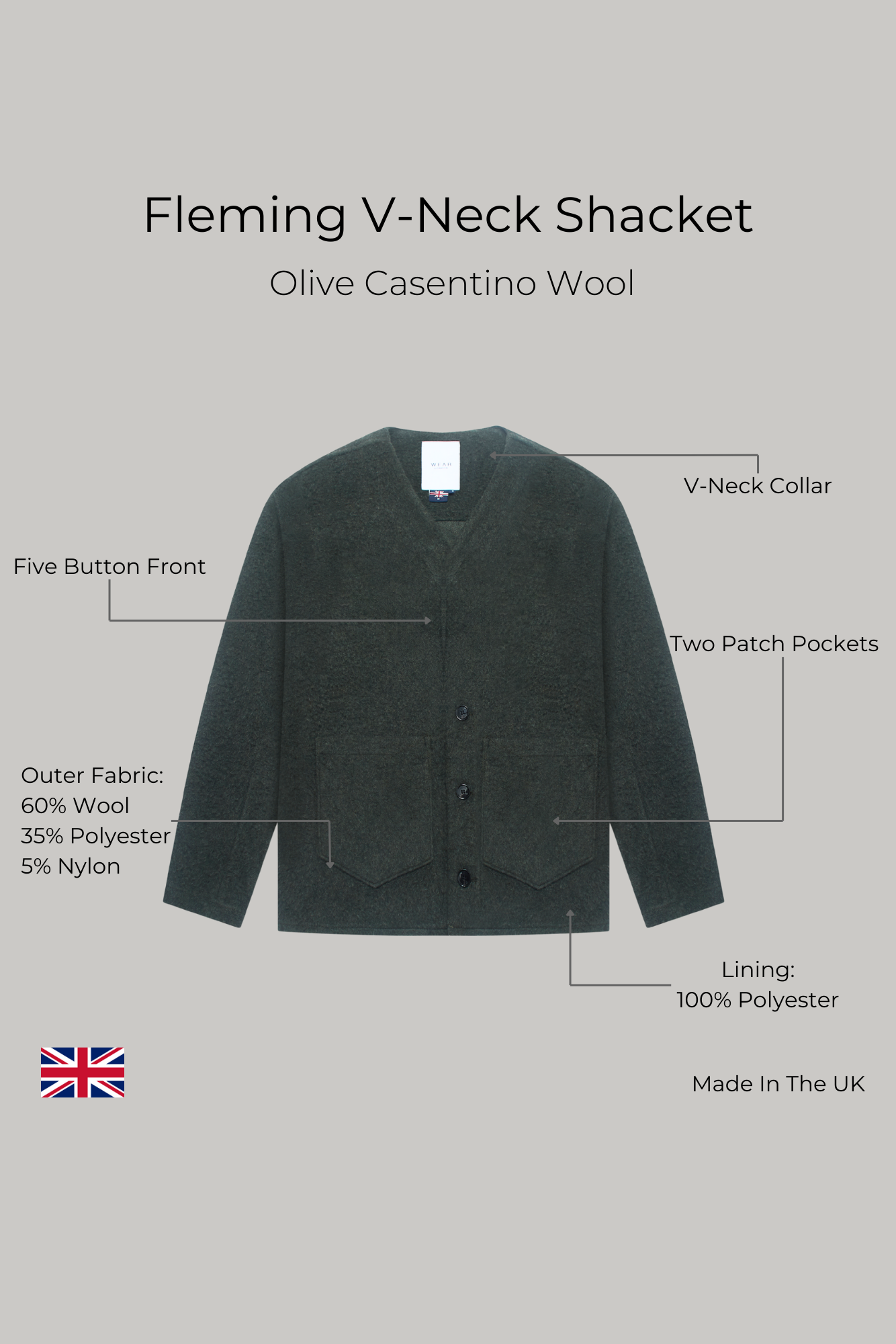 Fleming V-Neck Shacket - Olive Casentino Wool