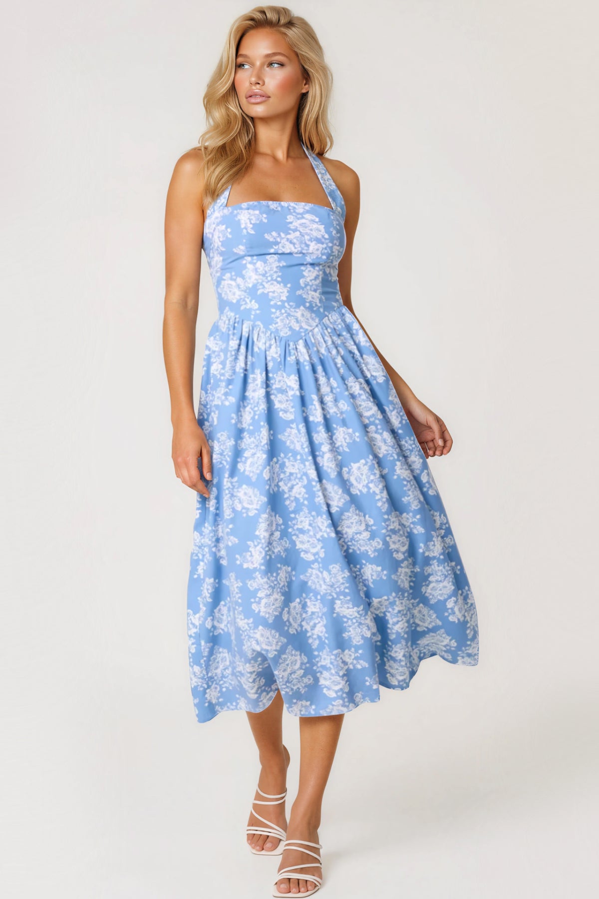 Blue Floral Halterneck Midi Dress