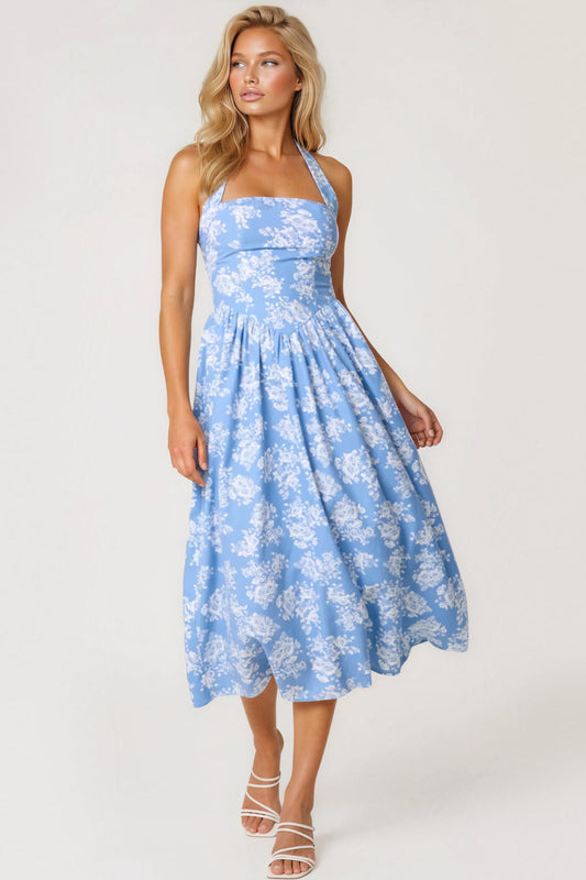 Blue Floral Halterneck Midi Dress
