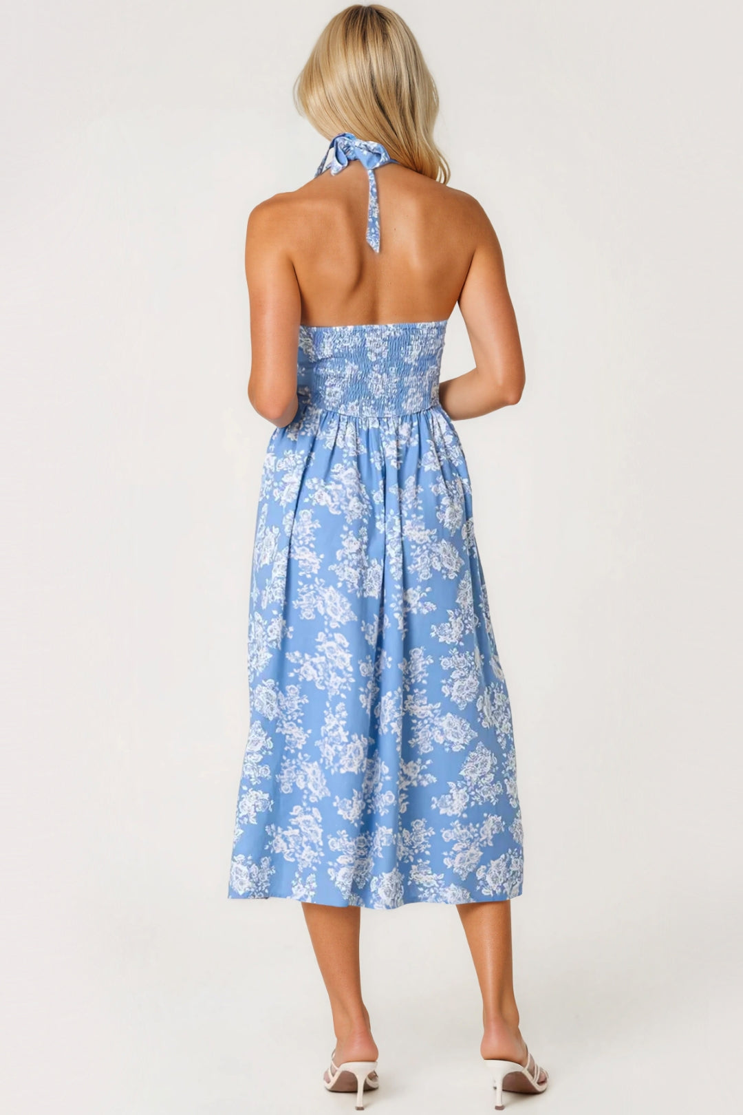 Blue Floral Halterneck Midi Dress