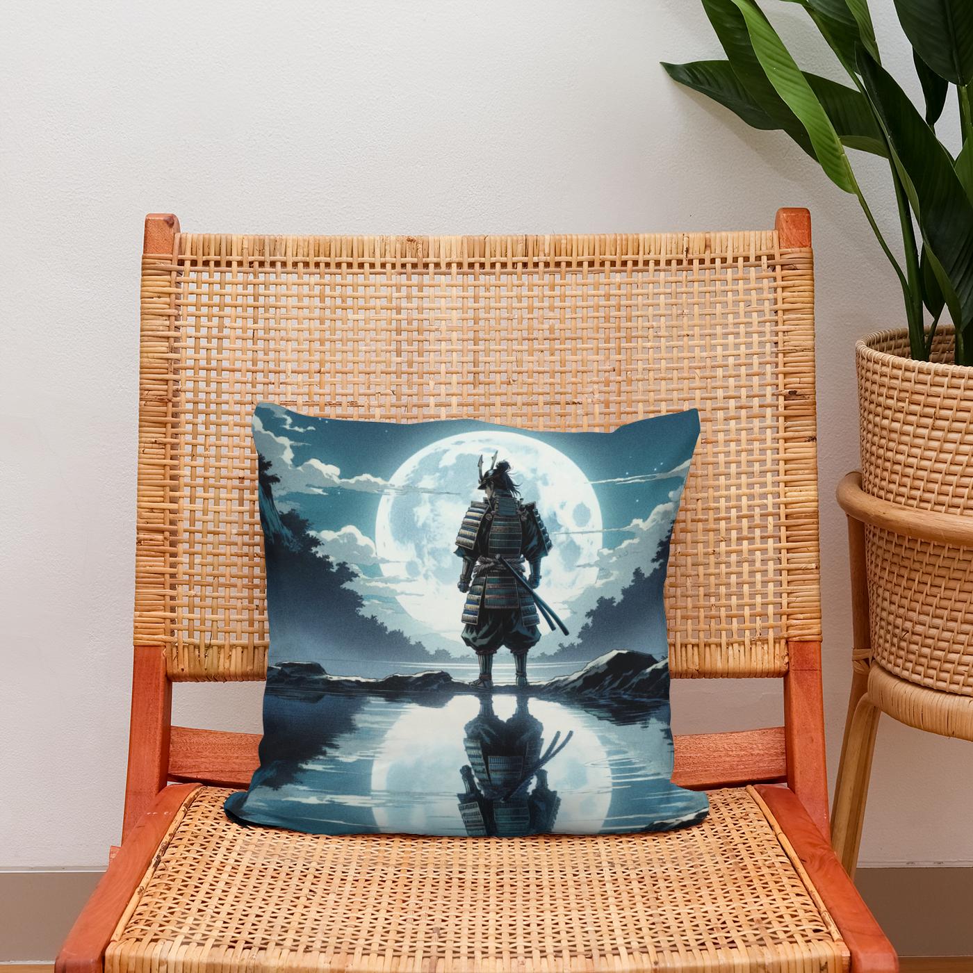 Moonlit Samurai Reflection Cotton Cushion