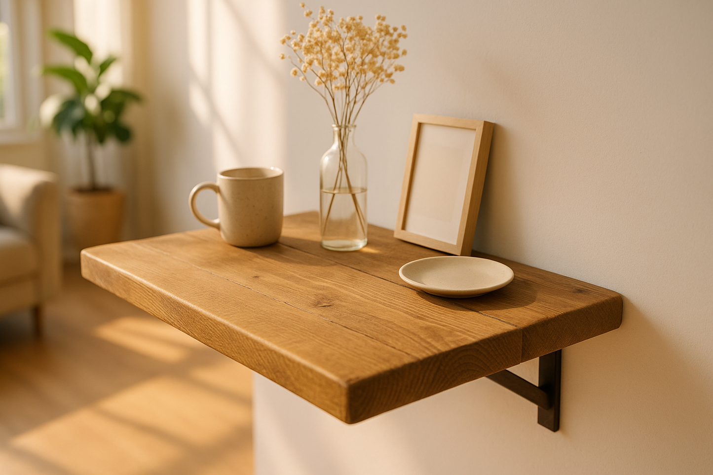 Foldable Wall-Mounted Solid Wood Table – Rustic Wood with Heavy-Duty Black Brackets – Space-Saving Desk for Kitchen, Office, or Small Spaces