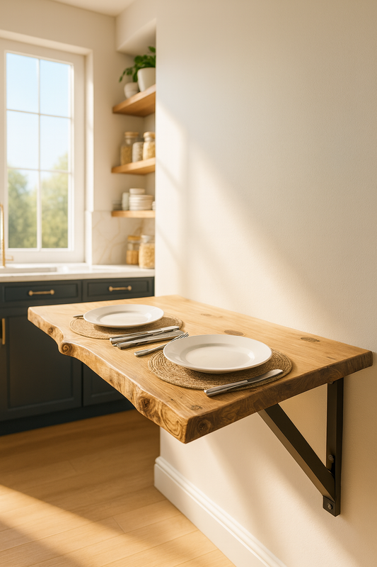 Live / Waney Edge Foldable Wall-Mounted Solid Wood Table – Rustic Wood with Heavy-Duty Black Brackets – Space-Saving Desk for Kitchen, Office, or Small Spaces