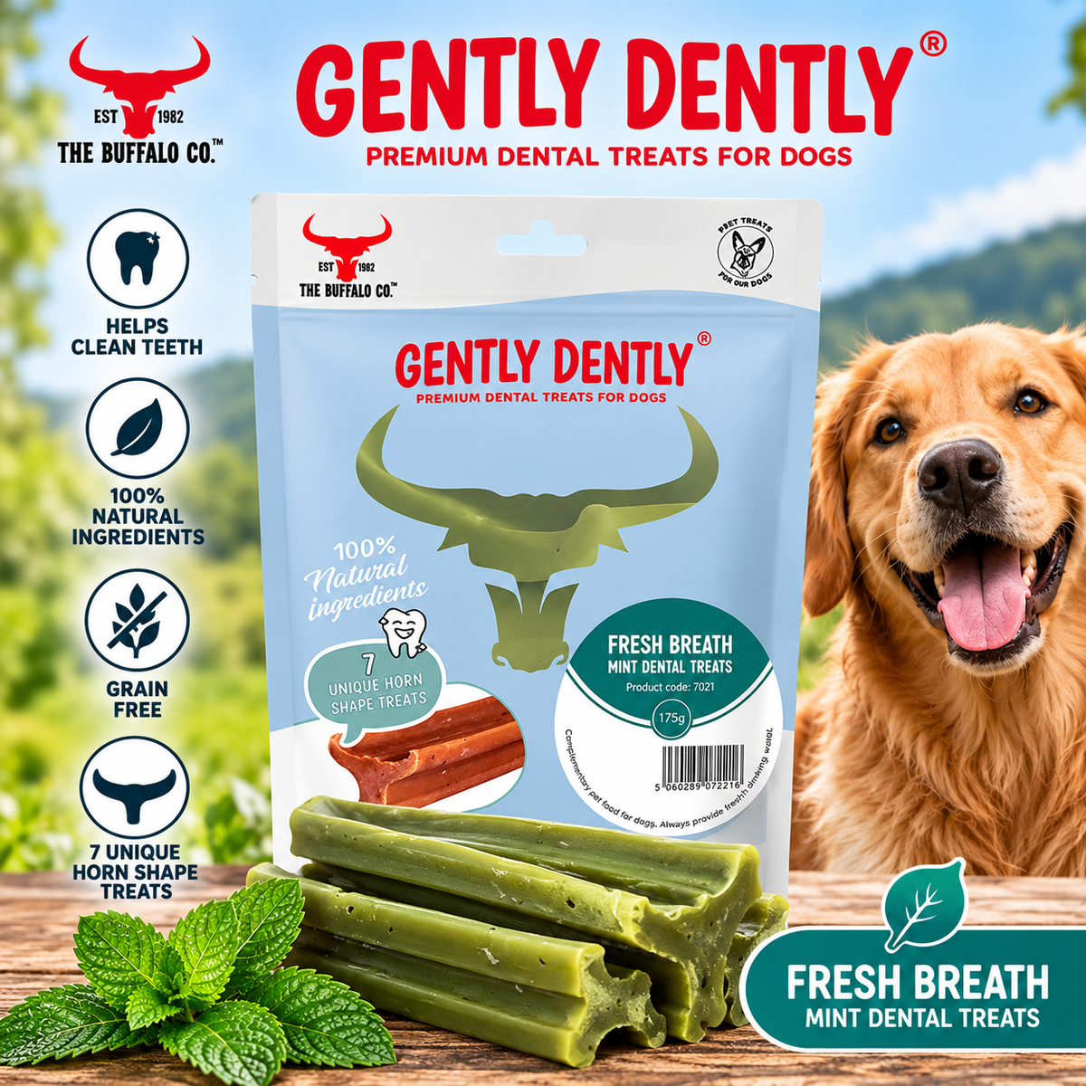 Gently Dently- Fresh Breath Mint Dental Treats for Dogs 175g