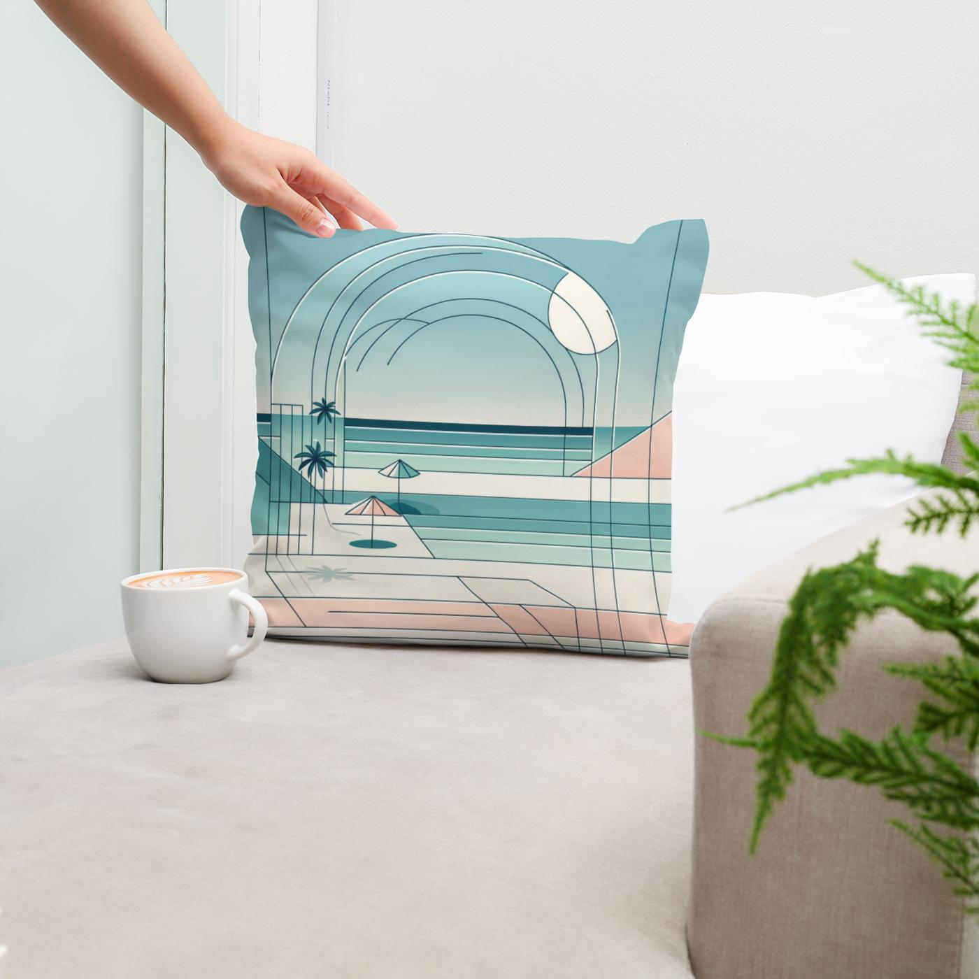 Pastel Shores: A Geometric Seaside Cotton Cushion
