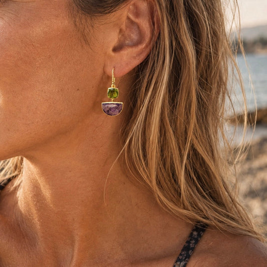 [PRE-ORDER] Charis Halfmoon Double Gemstone Earrings Peridot & Amethyst