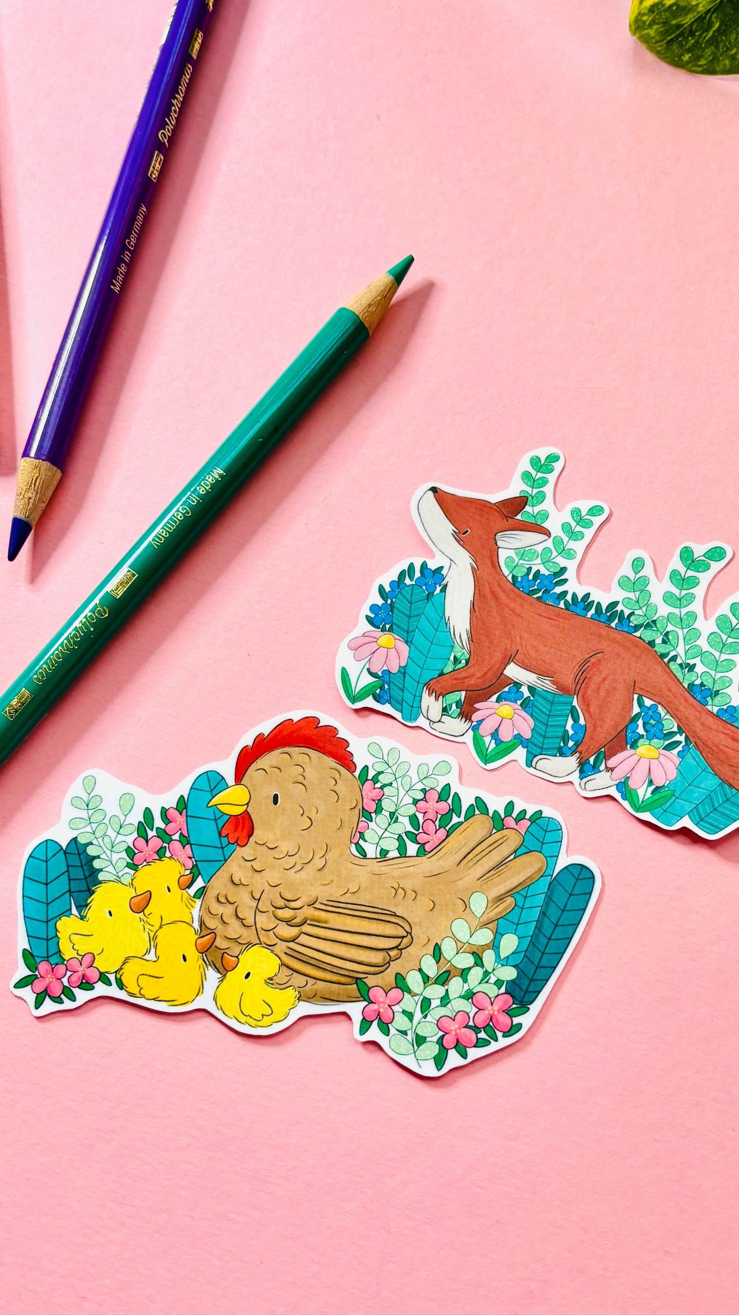 Spring Friends Hen or Fox Illustrated Vinyl Sticker