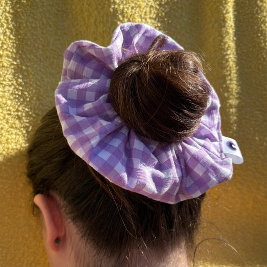 Cool purple and white gingham large hair scrunchie