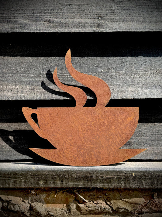 RUSTY COFFEE GARDEN  DECORATION ,  Home Sign , Garden Ornament , Wall feature , garden decoration, rusted metal , bar  sign ,