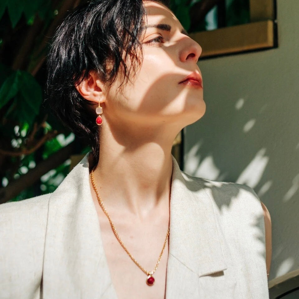 Charis Double Gemstone Earrings Rose Quartz & Ruby